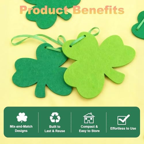 St Patricks Day Decorations - 12 Pack Shamrock Clover Garland Banner - NO DIY Felt Hanging Banner for Home, Mantel, Office, Irish Party Supplies, Wall Fireplace Decor