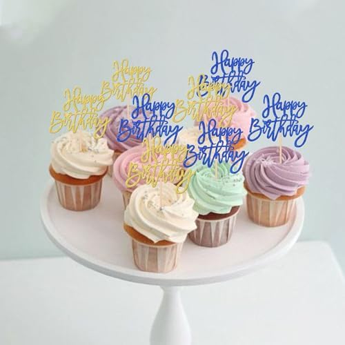24 PCS Happy Birthday Cupcake Toppers Glitter Happy Birthday Cupcake Picks for Celebrating Anniversary Theme Party Cake Decorations Supplies Blue Gold