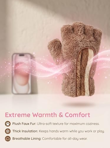 OTPEH Cat Paw Gloves, Furry Bear Paws Fingerless Gloves for Cosplay Costume