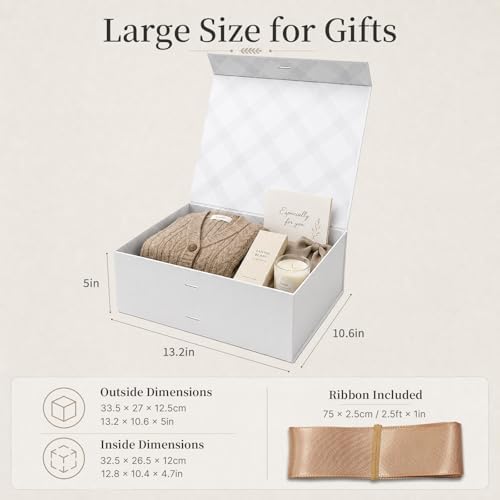 Tekhoho Large Gift Box 13.2x10.6x5in, Premium Present Box with Magnetic Lid and Ribbon for Holidays Wedding Birthday Gift Packaging, Plaid Lining (13.2x10.6x5in-White)