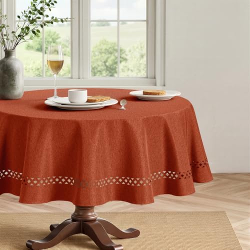 MIULEE Burnt Orange Fall 60 Inch Round Linen Tablecloth with Cutouts