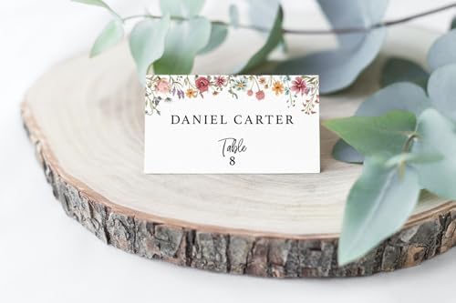 Printed Party Place Cards for Table Setting – Set of 25 Blank Name Cards – Wildflower Design for Weddings, Bridal Showers, Baby Showers, and Dinner Parties