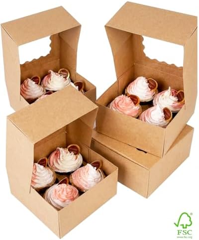 qiqee Auto-pop Up Cupcake Boxes with Window Brown 100PCS 4 Count Cupcake Box 6.3"x6.3"x3" Cupcakes Carrier, 4 Cupcake Containers