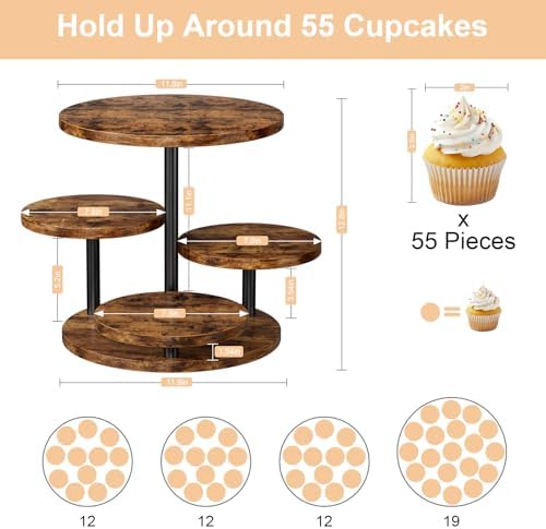Cupcake Stand 4 Tier for 50 Cupcakes Wooden Cake Stand 360°Rotatable Dessert Stands Round Cookie Tiered Tray Stand for Party Birthday Wedding Baby shower Afternoon Tea Dessert Table, Brown
