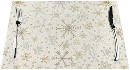 Christmas Place mats Set of 4, 12x18 Inches Gold Gray Snowflake Decorative Placemats Rectangle Winter Table Mats for Party Home Kitchen Dining Table Decoration