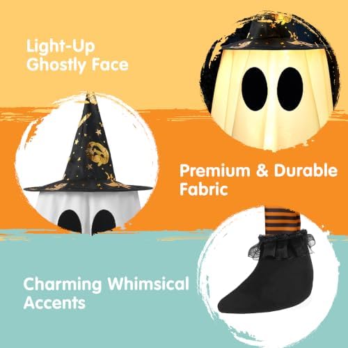 JOYIN 23.6'' 3Pcs Halloween Hanging Ghosts Decorations Outdoor, Warm Light Up Ghosts with Witch Hat & Timer, Flying Halloween Decorations for Yard Porch Lawn Party Supplies Tree Decor