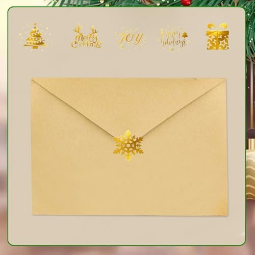 500Pcs Christmas Stickers Roll - Hot Stamping Snowflake Self-Adhesive Sealing Stickers,Gold Sparkly Waterproof Decals for Christmas Party Envelope Scrapbook Decor（ 6 Pattern Designs）