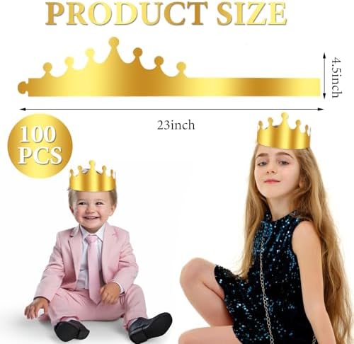 100 PCS Gold Large Size Paper Crowns, Adjustable Birthday Party Hats, Suitable for Children's Birthday Parties, Family Banquets Headwear (Gold, 23" * 4.5")