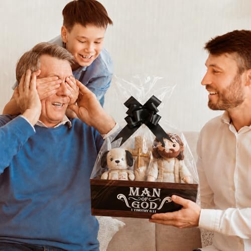 Cinrobiye 12 Pcs Grandparents Day Gifts for Grandpa, Christian Gift Basket Set with Man of God Bible Verse Trays, Clear Bags & Pull Bows, DIY Religious Gifts for Grandfather, Pastor, Church