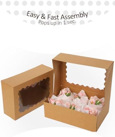 qiqee Auto-pop Up Cupcake Boxes with Window Brown 100PCS 6 Count Cupcake Box 9.4"x6.1"x3" Cupcakes Carrier, 6 Cupcake Containers