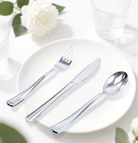 HEIPINIUYE 75 Pack Silver Plastic Cutlery Heavy Duty Silver Plastic Knives Forks and Spoons Disposable Silverware Set for 25 Guest Camping Birthday Baby Shower Wedding Party Utensils Set
