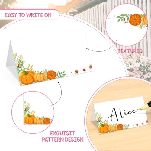 25Pcs Fall Pumpkin Place Cards, Thanksgiving Tented Name Cards, Rustic Seating Card for Wedding Baby Shower Autumn Party Table Setting, 2.1 x 3.5 Inch Folded -17