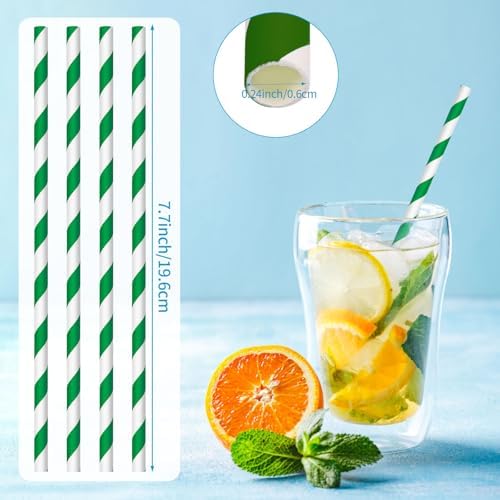 100 Packs Dark Green Biodegradable Striped Paper Straws, Dark Green and White Disposable Drinking Straws for Birthday Carnival Summer Pool Party Wedding Halloween Christmas Party Decoration Supplies
