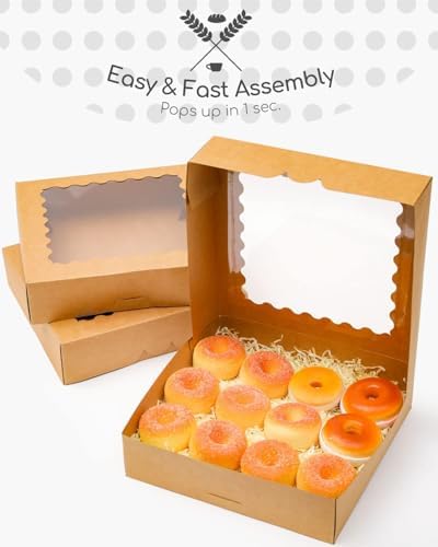 qiqee 10x10x2.5 Inch Brown Pie Boxes with Window 12Packs Cookie Donut Bakery Box (Auto-pop Up)