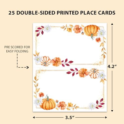 Pumpkin Place Cards for Table Setting, Tent Cards Decor For Birthday Baby Shower Thanksgiving Party Decorations, Bridal Shower Wedding Place Card, 25 Pack Birthday Food Name Card 2 x 3.5" /039