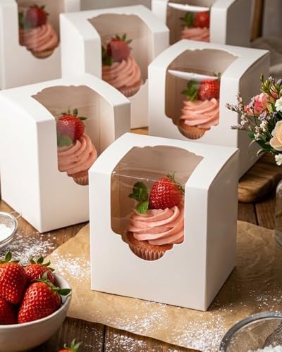 qiqee White Auto-pop up Cupcake Boxes Individual Cupcake 3.5x 3.5x 3.5inch 200pcs Single Cupcake Boxes