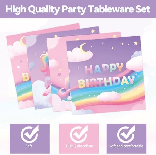 50Pcs Unicorn Birthday Plates and Napkins Party Supplies, Disposable Pastel Rainbow Paper Plates Napkins Tableware Set for Unicorn Birthday Party Decorations