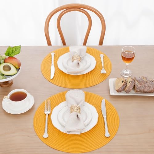 SHACOS 15 inch Round Braided Placemats Set of 6 Non Slip Washable Kitchen Table Place Mats Cotton Polyester Heat Resistant Table Mats for Home Wedding Dinner Party Table Decor, Mustard Yellow
