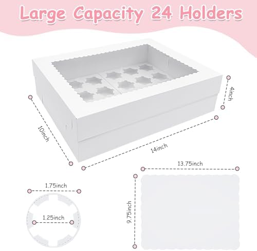 2 Pack White Cupcake Boxes with Cake Boards for 24 MINI Cupcakes, Food Grade Dessert Muffins Box Cupcake Carrier Containers with Window and Inserts for Birthday Holiday Party Bakery Supplies