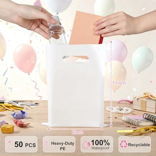 VieFantaisie 50 PCS White Party Favor Bags, 8" x 11" Goodie Bags for Candy Treat Craft Easter Egg, Plastic Gift Bag with Die Cut Handles for Birthday Party, School Events & Small Business, Wedding