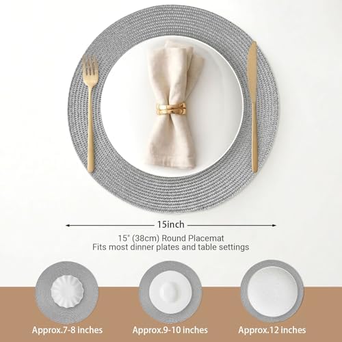 FunWheat Round Braided Placemats Set of 6 Table Mats for Dining Tables Woven Washable Non-Slip Place mats 15 inch(Grey, 6pcs)