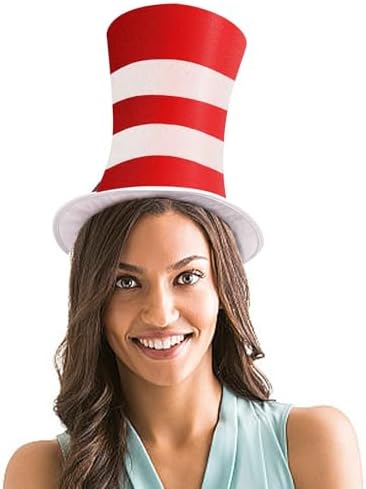 Red and White Striped Top Hat, Adult Standard Size, Cat Hat Costume Halloween Role-Play Party Accessory
