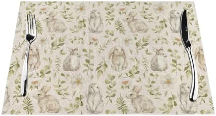 Spring Place mats Set of 4,12x18 Inches Green Rabbit Floral Leaves Placemats Rectangle Easter Decor Bunny Flower Table Mats for Party Home Kitchen Dining Table Decoration