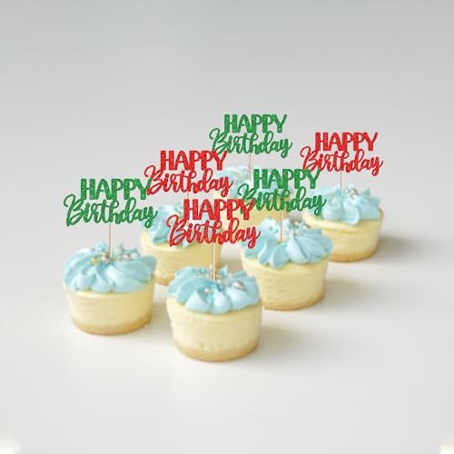 30 PCS Happy Birthday Cupcake Toppers Glitter Happy Birthday Cupcake Picks for Celebrating Anniversary Theme Christmas Party Cake Decorations Supplies Red Green
