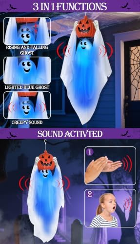 Sound Activated 43" Halloween Animatronics Hanging Ghost Holding Pumpkin