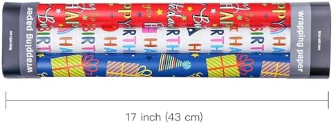 WRAPAHOLIC Birthday Wrapping Paper Roll - 3 Mini Rolls - 17 Inch x 120 Inch Per Roll - Gift Box and Happy Birthday Wrapping Paper for Boys Girls Kids, Baby Shower