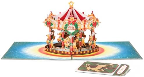 POPWOW Christmas Merry-Go-Round Pop Up Card, Merry Xmas, Reindeers, Wreath, 3D Popup Greeting Cards, Gifts for Women, Men, Kid, Boy, Girl, Sister, 5x7 - Includes Envelope And Message Note