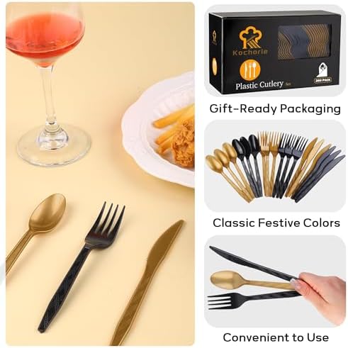 Kochorie 360 Pieces Black and Gold Plastic Cutlery Set