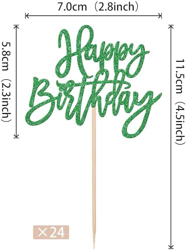 24 PCS Happy Birthday Cupcake Toppers Glitter Happy Birthday Cupcake Picks for Celebrating Anniversary Theme Party Cake Decorations Supplies Green