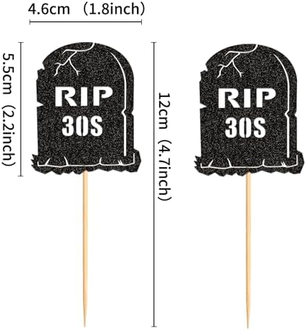 Ercadio 24Pcs Glitter Black Rip 30s Cupcake Topper Tombstone Cupcake Picks for Funeral 40th Birthday Anniversary Cupcake Decorations Rip to My Youth Emo Party Decorations
