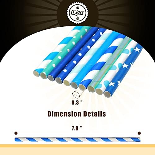 Blue Paper Straws 150pcs Disposable Bulk(10 Pattern) qiqee