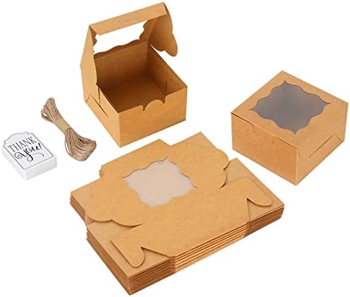 KPOSIYA 60 Pcs Brown Bakery Boxes with Window Individual Cupcake Boxes 4x4x2.5 Inches Cookie Boxes Kraft Paper Brown Gift Box for Pastries, Cookies, Pie, Donuts, Macaroon