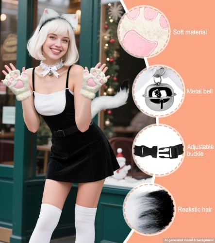 Cat Ears and Tail,Wolf Fox Ears Long Tail and Bell Lace Choker Set for Halloween,Animal Cosplay Party Costume