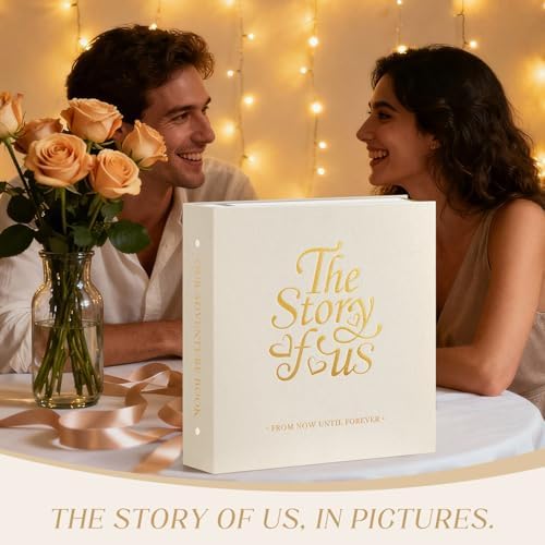 Lanpn Couples Scrapbook Photo Album - The Story of Us, Linen Wedding Anniversary Self Adheisve Picture Book holds 4x6 5x7 A5 Photo for Love Newlywed Valentine's Day (Small 20 Sheets/40 Pages, Beige)