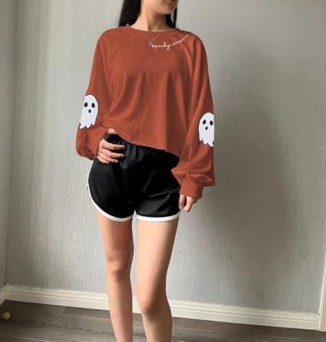Women Fall Halloween Ghost Crop Sweatshirt Lantern Sleeve Pullover