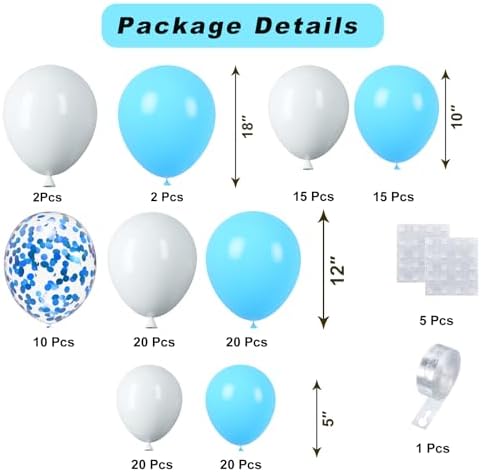 Blue White Balloons Arch Kit, 124pcs Blue and White Confetti Balloons