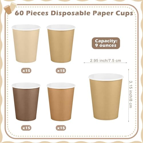 URATOT 60 Pieces 9 Ounce Brown Paper Cups Gradient Color Disposable Coffee Cups Party Cups Beverage Drinking Cups for Party, DIY and Holiday Party Supplies