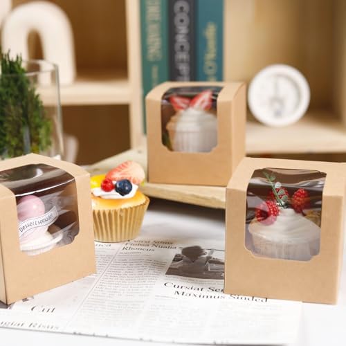 NPLUX 25 Pack Pre - Assembled Individual Cupcake Boxes Brown with Inserts