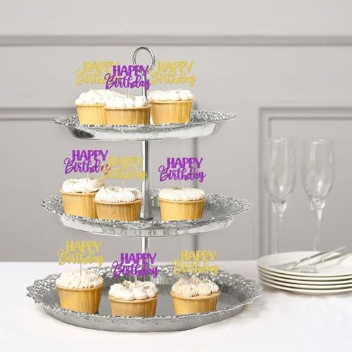 30 PCS Happy Birthday Cupcake Toppers Glitter Happy Birthday Cupcake Picks for Celebrating Anniversary Theme Christmas Party Cake Decorations Supplies Gold Purple