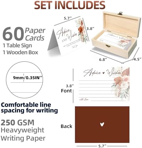 Boho Wedding Advice and Wishes Cards with Wood Box - 60 Pack 250GSM Pampas Grass Mr and Mrs Message Cards - Terracotta Bridal Shower Decorations, Engagement Party Guest Book Alternative
