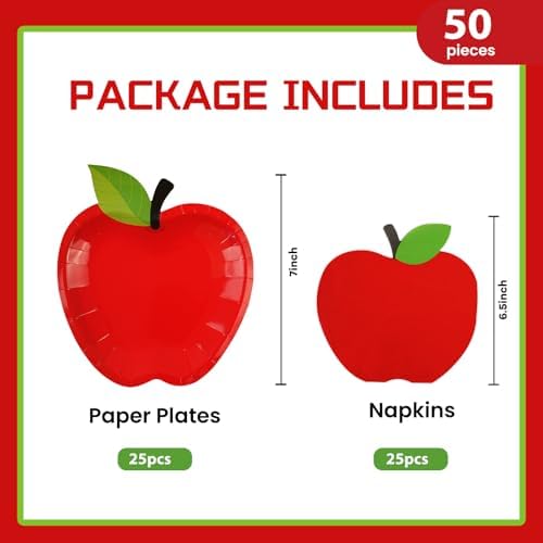 50Pcs Back to School Apple Plates and Napkins Party Supplies, Disposable First Day of School Dessert Plates Napkins Tableware Set for Preschool Kindergarten Teacher Classroom Decorations (Apple)