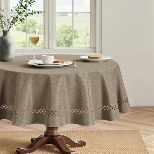 MIULEE Khaki 60 Inch Round Linen Tablecloth with Decorative Cutouts
