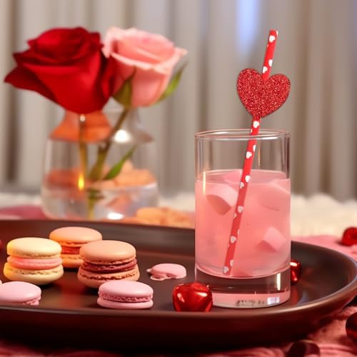 JarThenaAMCS 40Pcs Valentine's Day Paper Straws Red Glitter Heart Disposable Drinking Straws Romantic Decorative Straw for Wedding Birthday Party Supplies