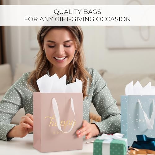 Beautiful Birthday Gift Bags Set of 4 with Tissue Paper, Cards & Stickers