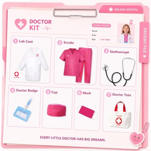 Meland Doctor Costume for Kids 3-10, Pretend Play Career Dress Up with Bag