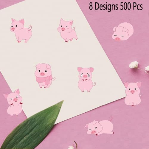 500PCS Little Pig Stickers 7 Styles Pink Piglet Sticker Rolls 1in Adorable Cartoon Stickers Party Favors Waterproof Vinyl Sticker for Birthday Party Favors Envelopes Scrapbook Decorations